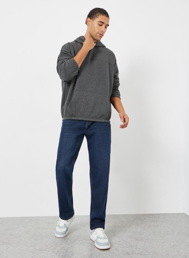 Styli Men Charcoal Oversized Fleece Hoodie with Kangaroo Pocket - Image 2